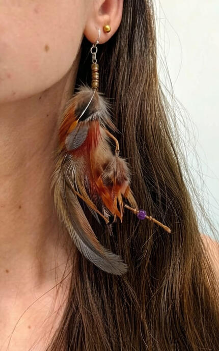 Let your spirit take flight with these enchanting feather earrings. Handcrafted with care, they blend the wild beauty of natural feathers with the calming energy of amethyst. Featuring soft, earthy-toned feathers adorned with a tiny wooden bead and a spar